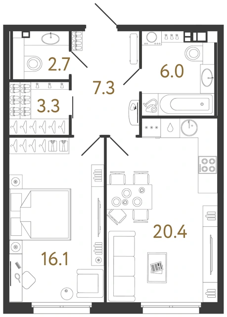 1-комнатная квартира 55,8 м² в клубном доме Визионер