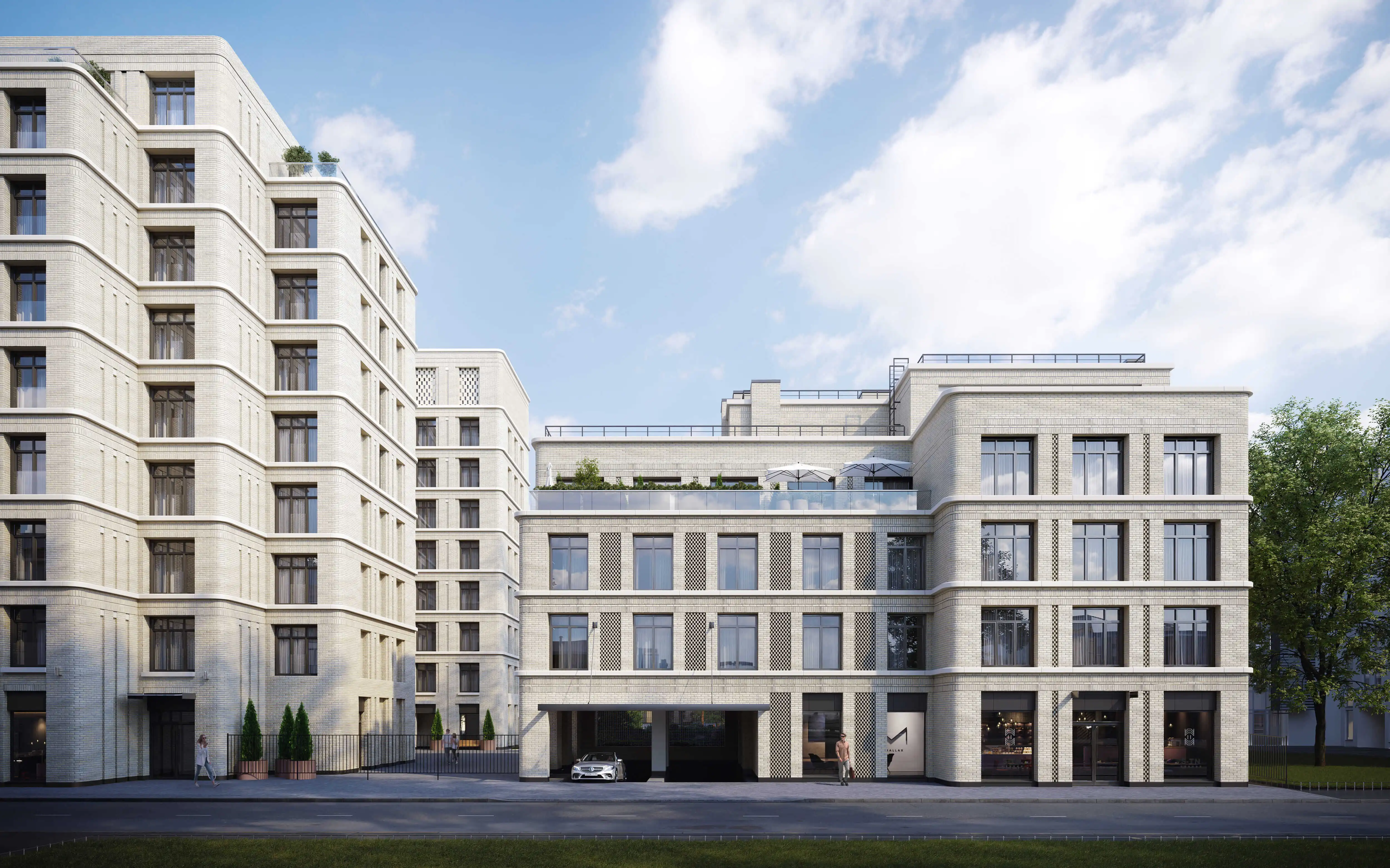 Современный жилой комплекс «Визионер» из светлого кирпича с террасами и панорамными окнами, элегантная архитектура в городской среде