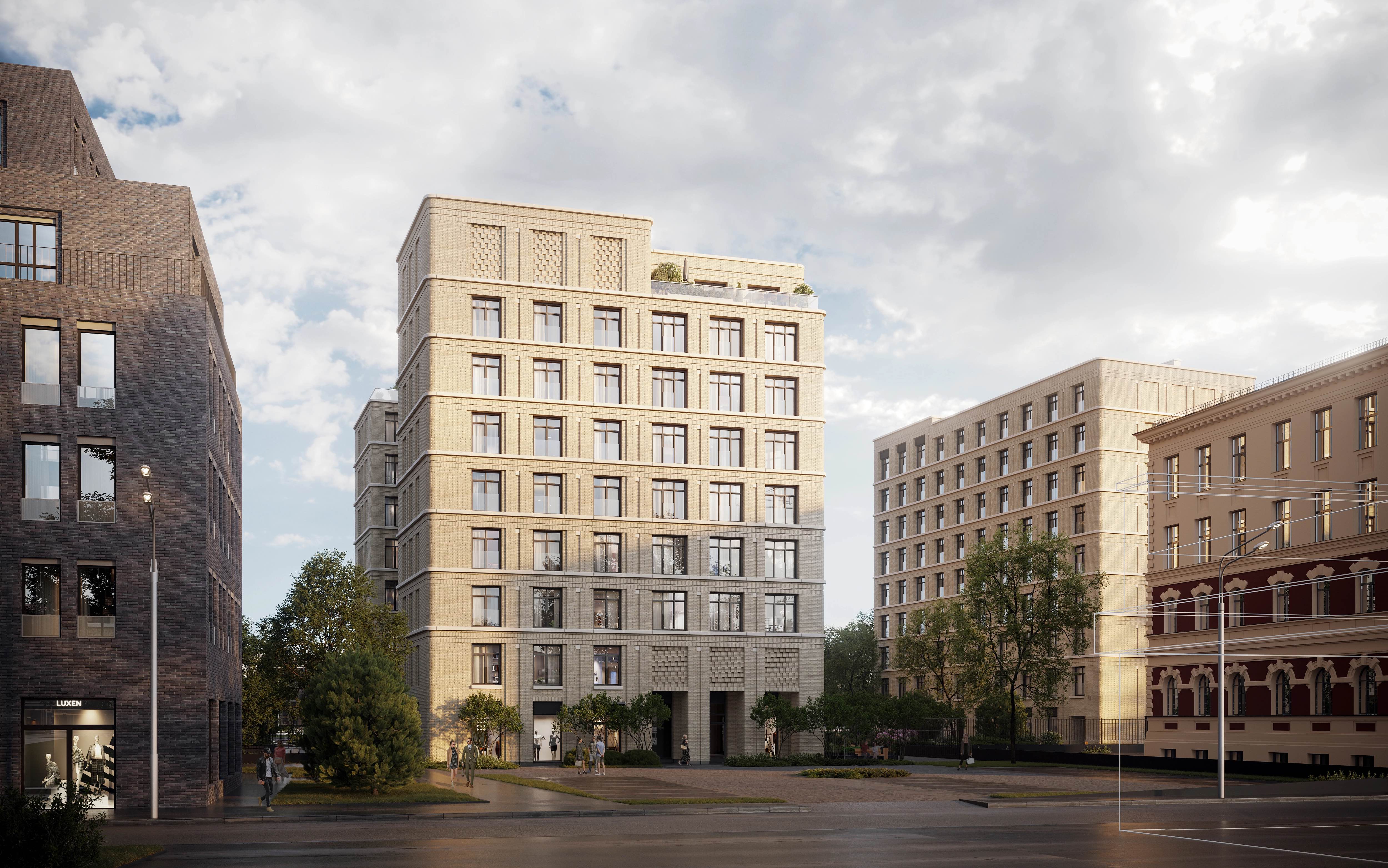 Клубный дом «Визионер» на Петроградской стороне - современная архитектура из светлого кирпича с регулярной сеткой окон и элегантными декоративными элементами в историческом центре Санкт-Петербурга